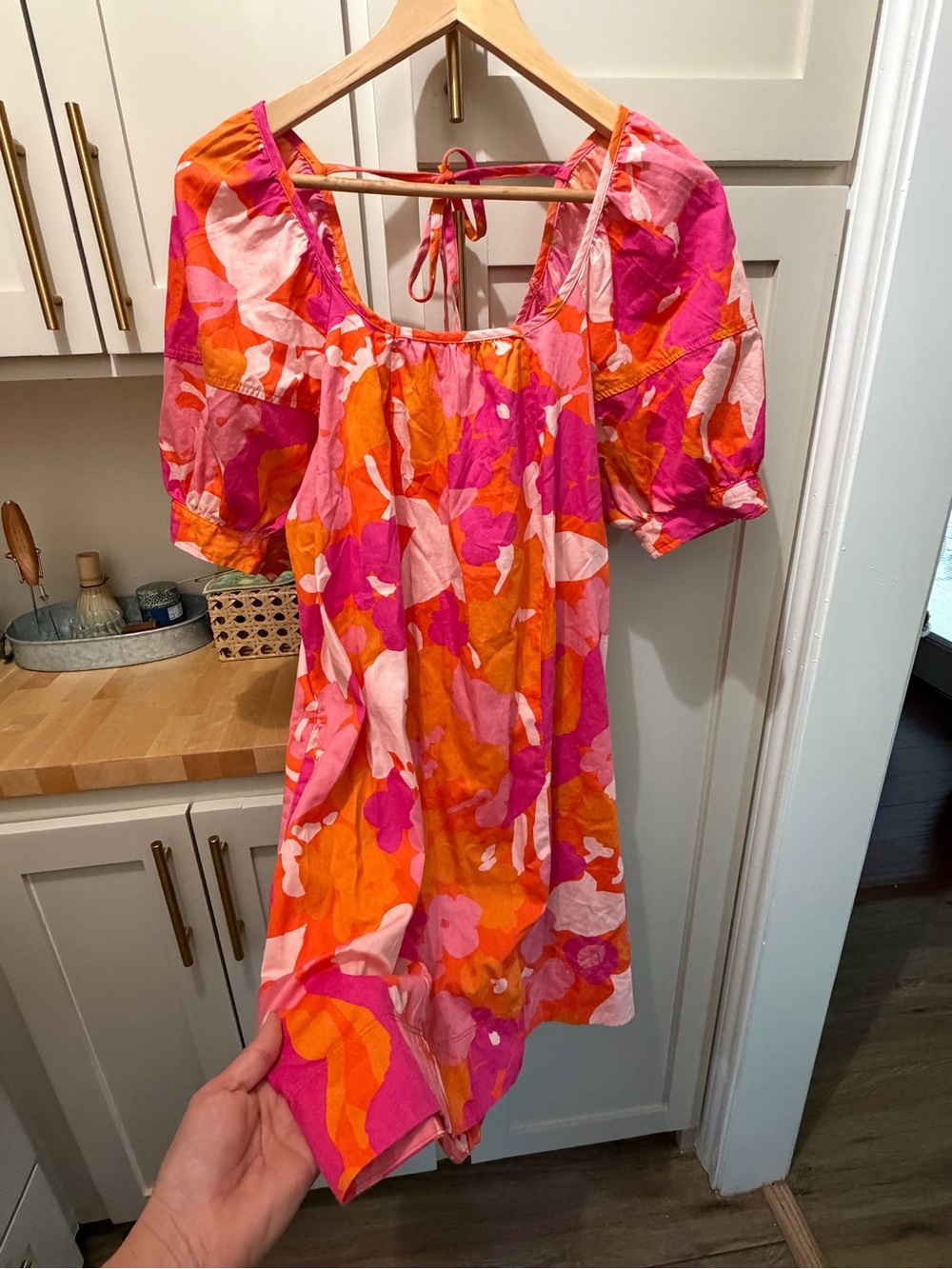 Bright Pink & Orange Floral Mini Dress with Puff Sleeves